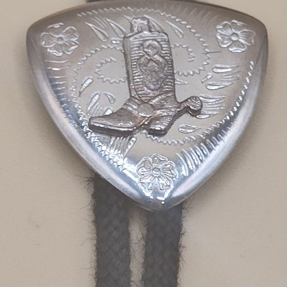 Western Cowboy Boot Bolo Tie Two Tone With Black Braided Cord 34 in Vintage